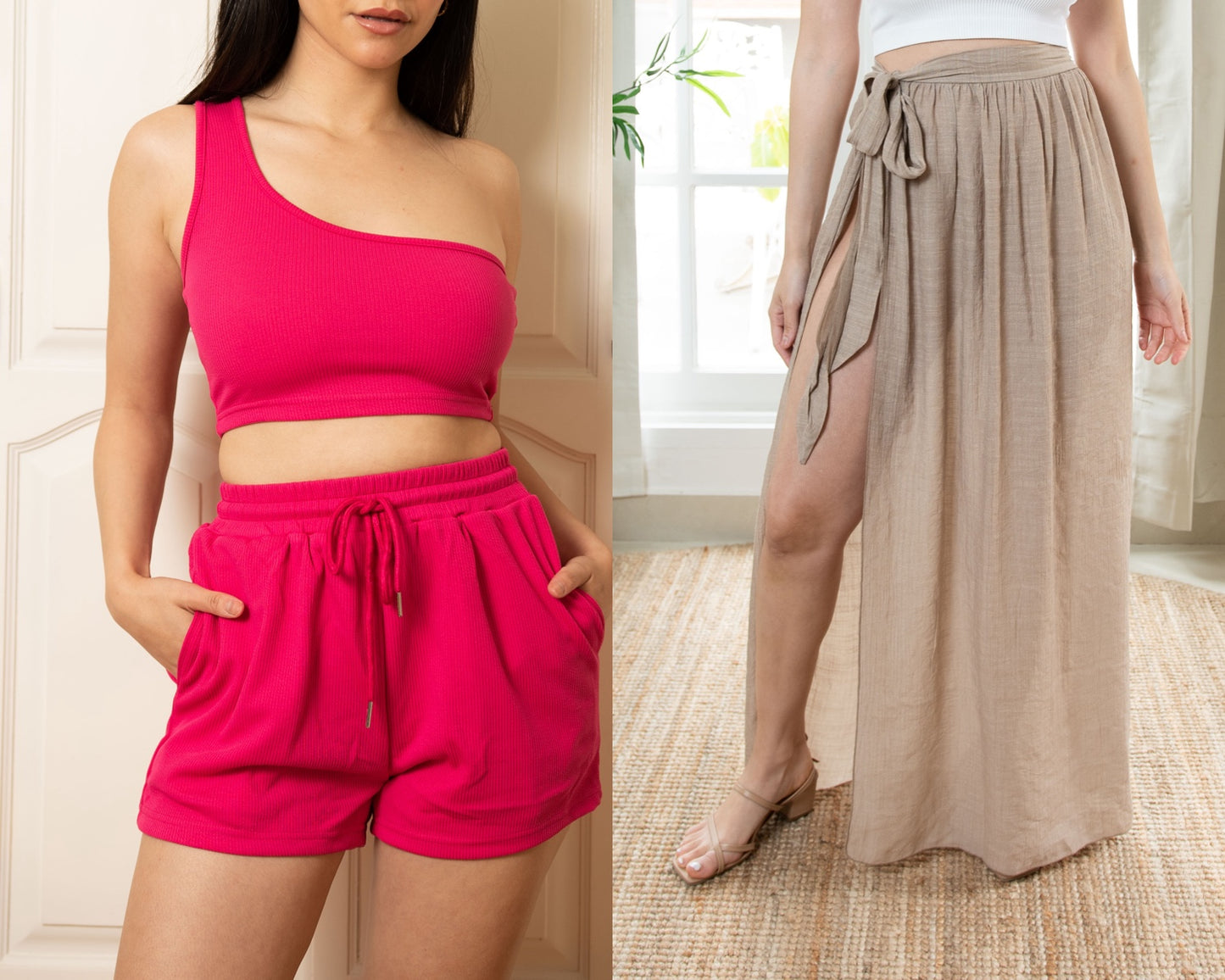 Front view of One Shoulder Crop Top and Gym Shorts Set and Cover Up Skirt.