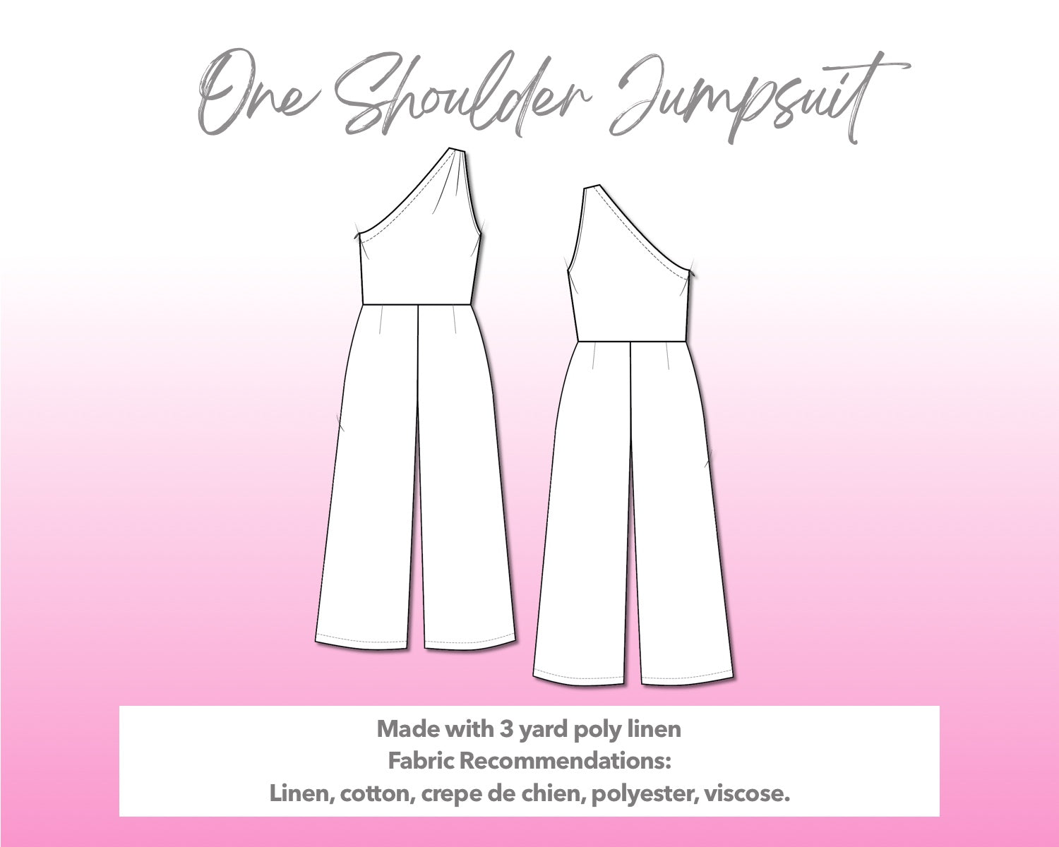 Illustration and detailed description for One Shoulder Pleats Jumpsuit sewing pattern.