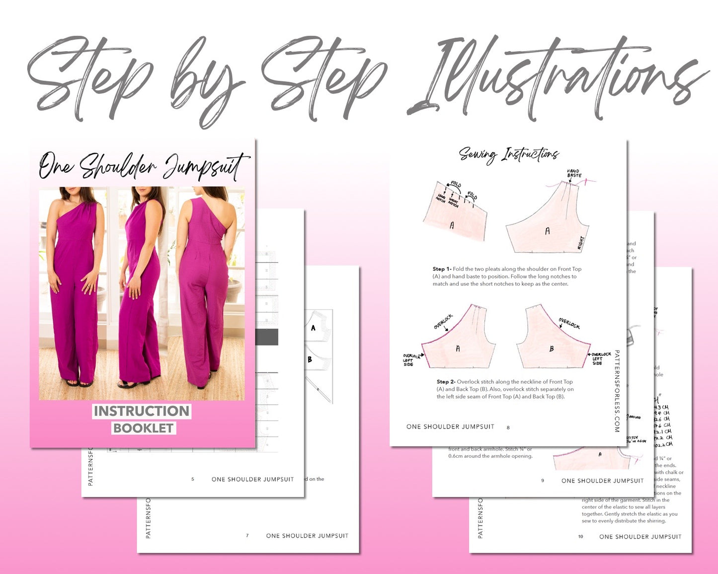 One Shoulder Pleats Jumpsuit sewing pattern step by step illustrations.