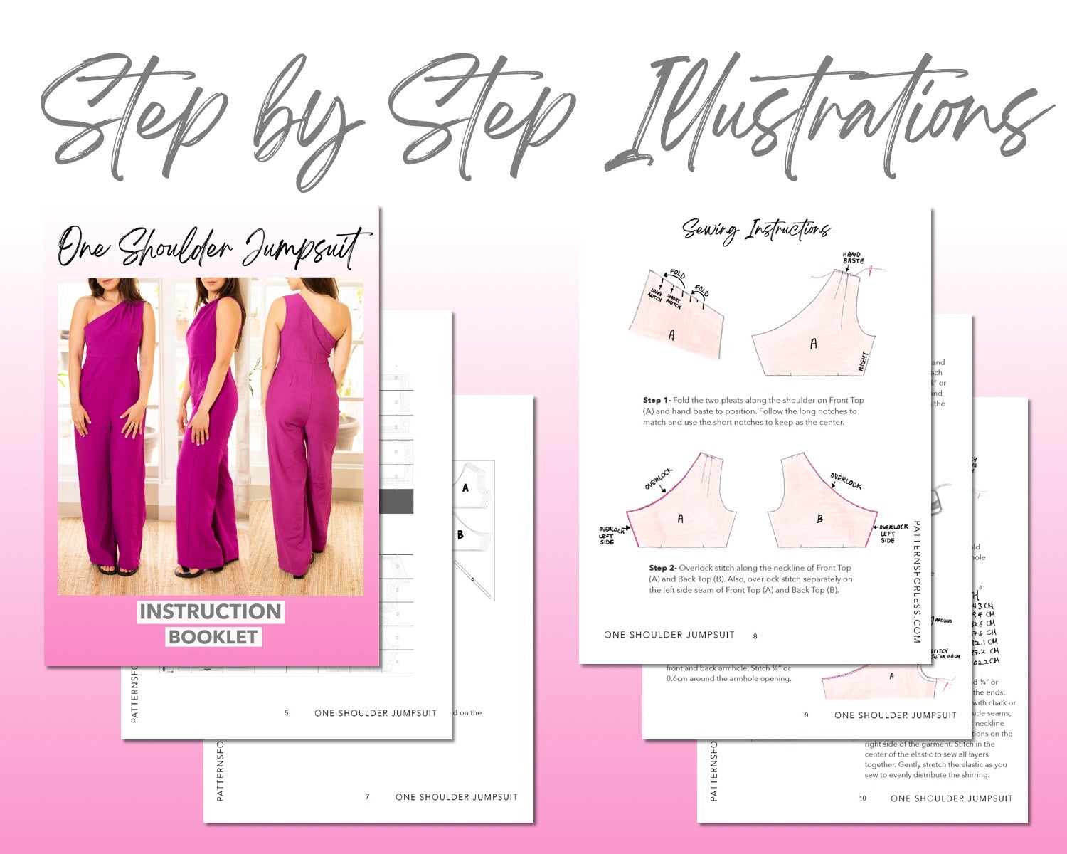 One Shoulder Pleats Jumpsuit sewing pattern step by step illustrations.