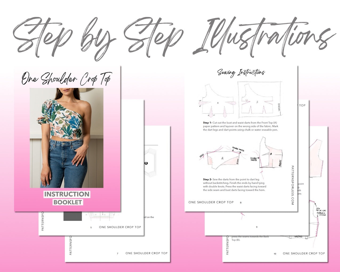One Shoulder Puff Sleeve Crop Top sewing pattern step by step illustrations.
