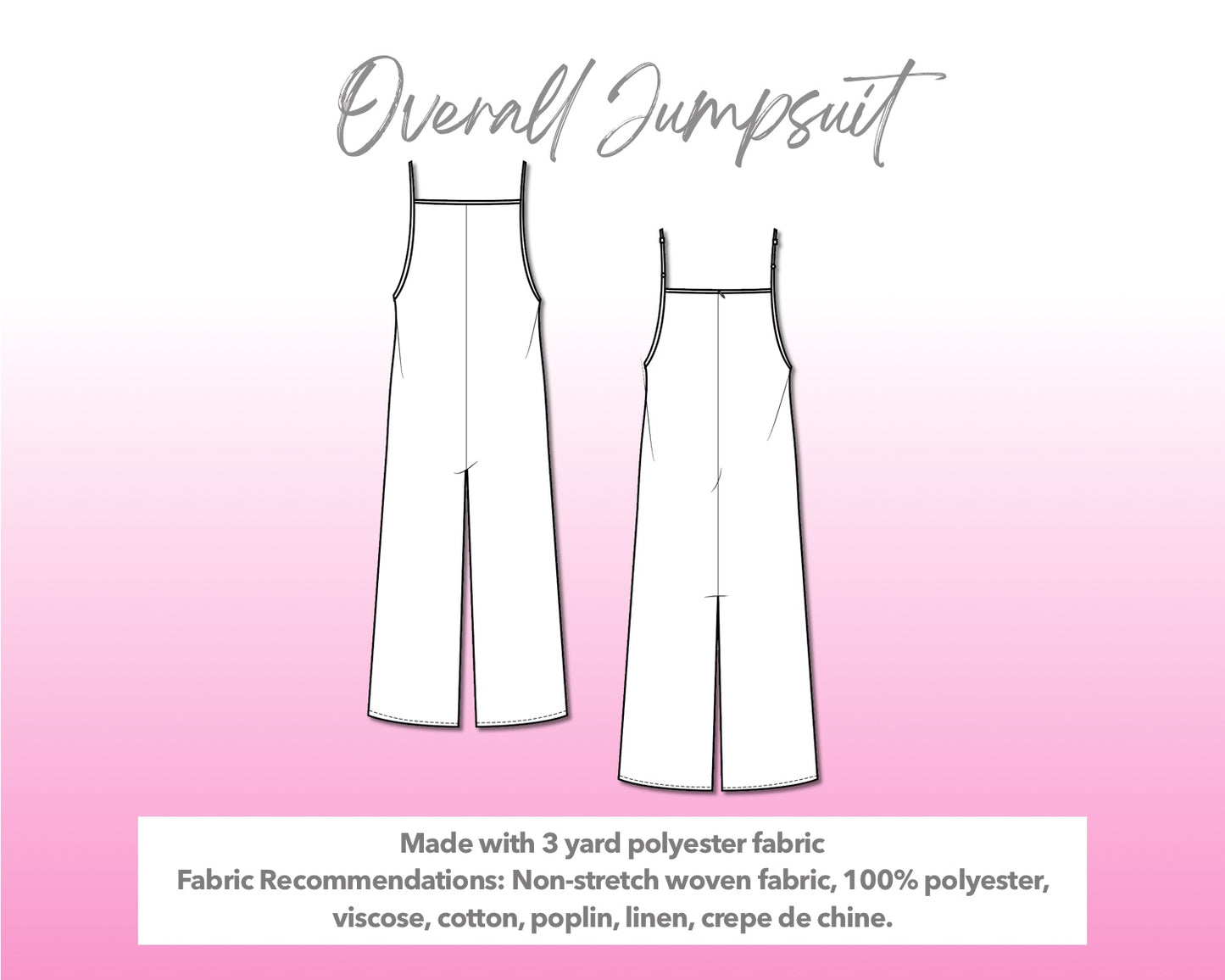 Illustration and detailed description for Overall Wide Leg Jumpsuit sewing pattern.