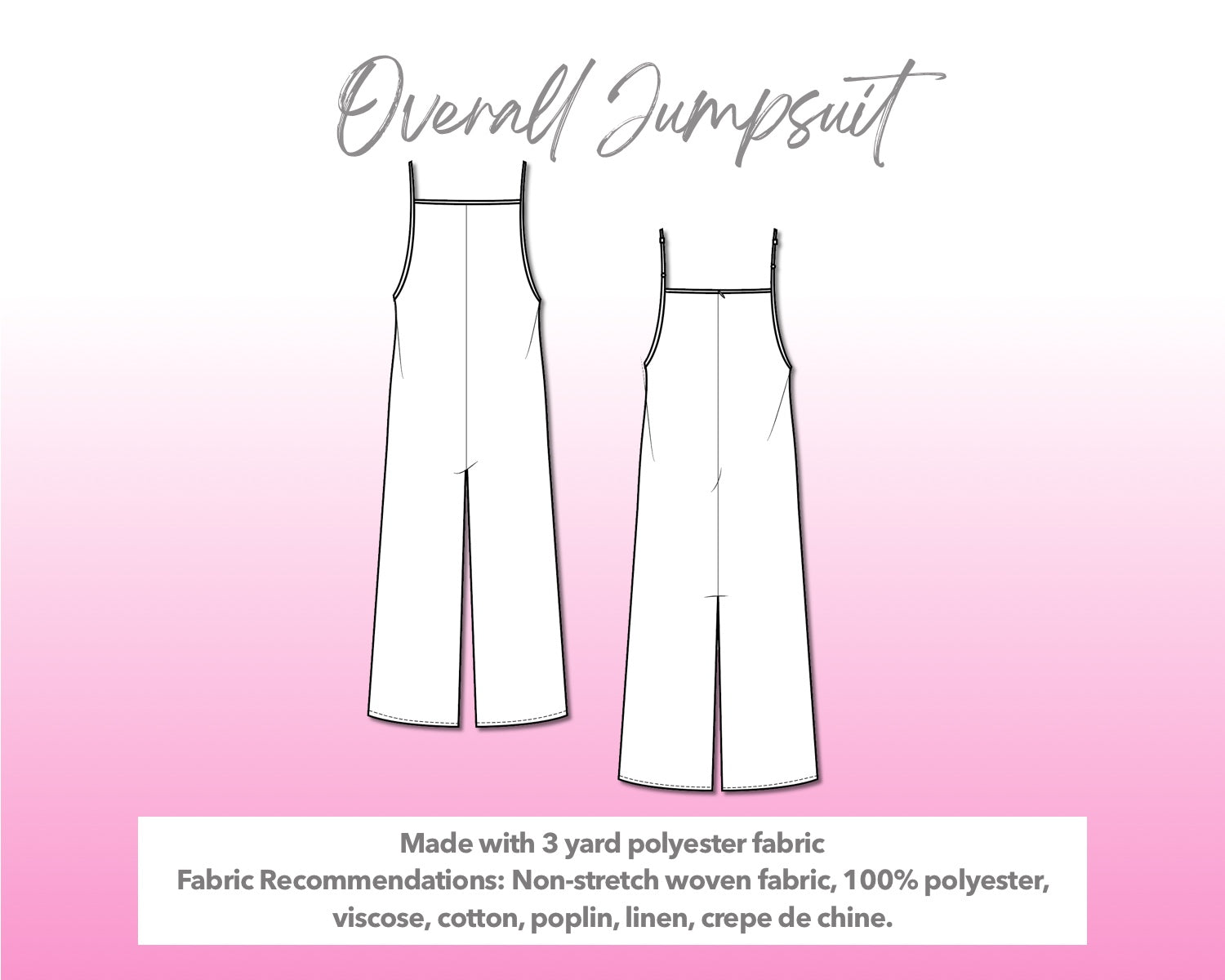 Illustration and detailed description for Overall Wide Leg Jumpsuit sewing pattern.