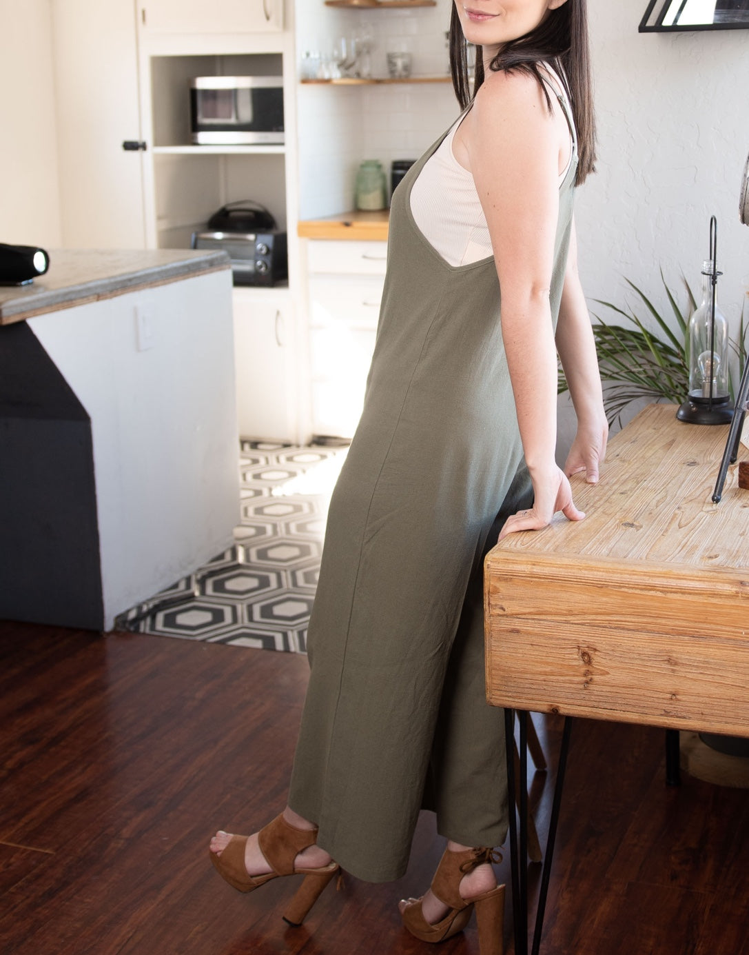 Side view of Overall Wide Leg Jumpsuit.
