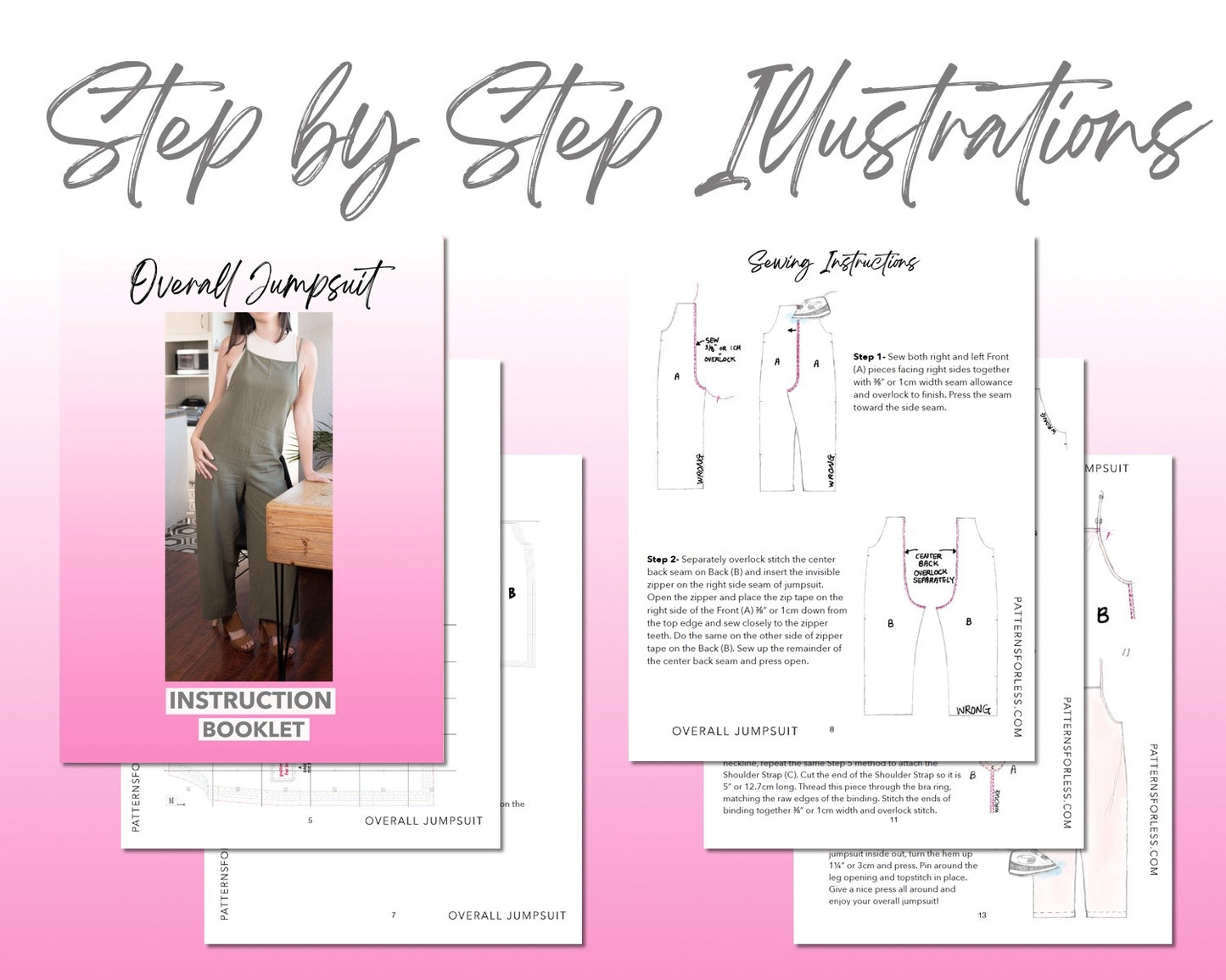 Overall Wide Leg Jumpsuit sewing pattern step by step illustrations.