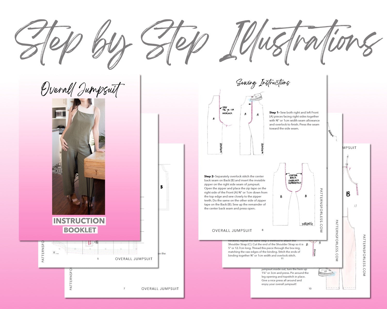 Overall Wide Leg Jumpsuit sewing pattern step by step illustrations.