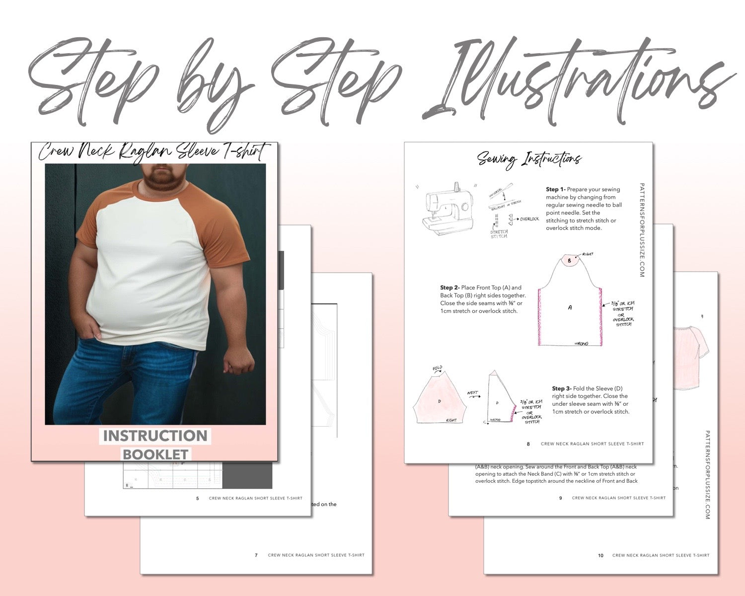 Plus Size Crew Neck Reglan Short Sleeve T-Shirt sewing pattern step by step illustrations.