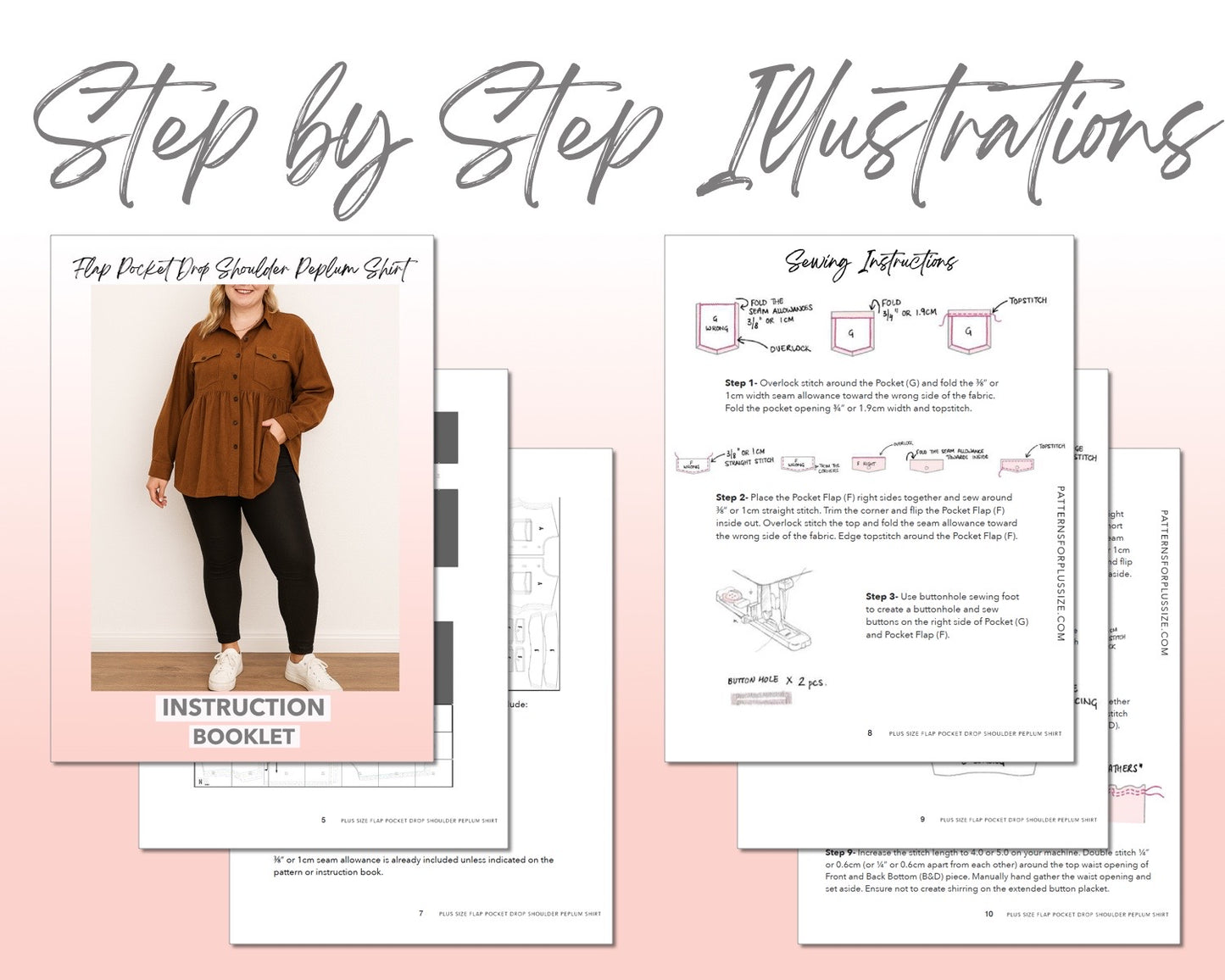 Plus Size Flap Pocket Drop Shoulder Peplum Shirt sewing pattern step by step illustrations.