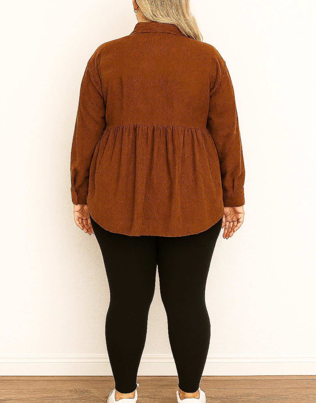 Back view of Plus Size Flap Pocket Drop Shoulder Peplum Shirt.