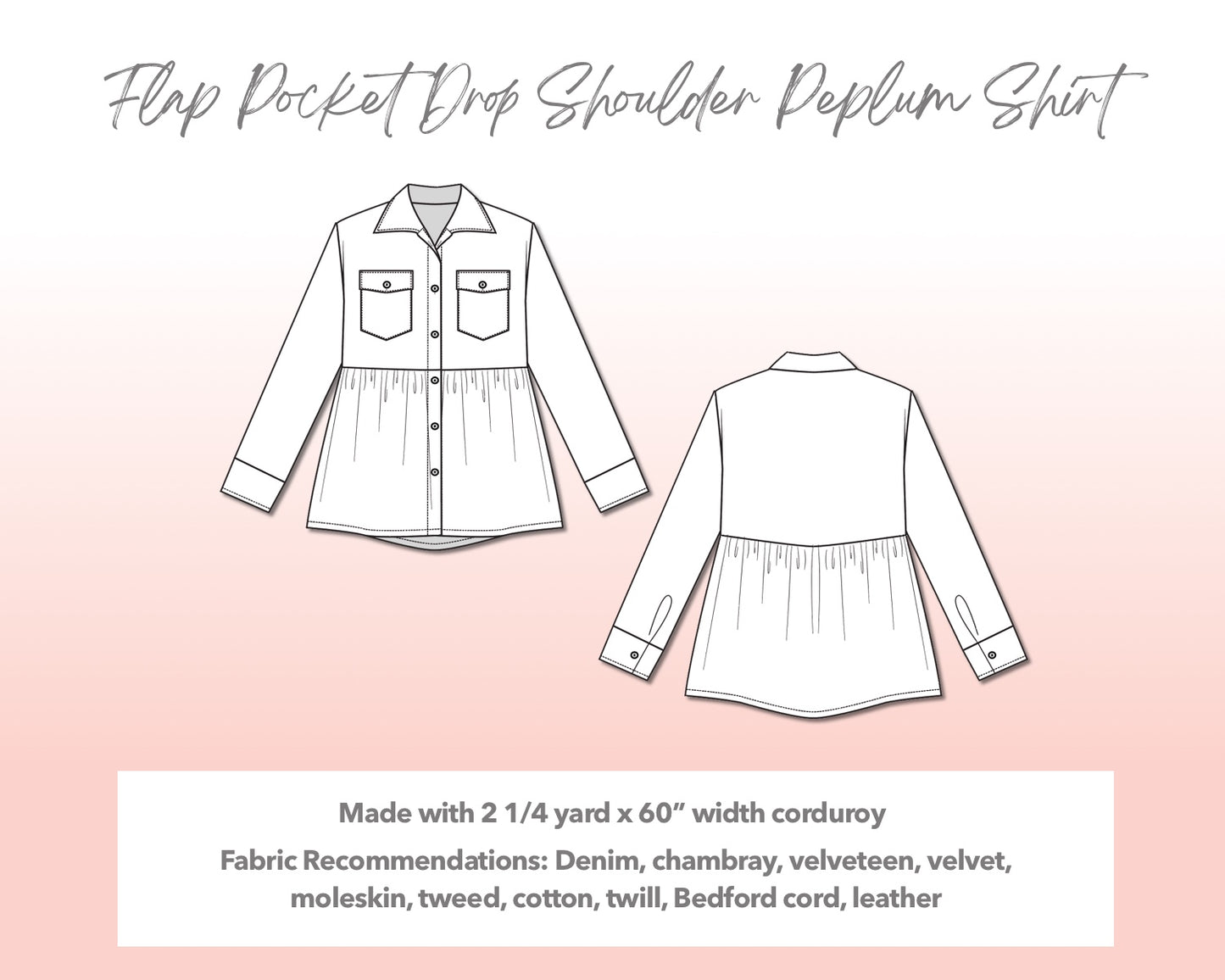 Illustration and detailed description for Plus Size Flap Pocket Drop Shoulder Peplum Shirt sewing pattern.