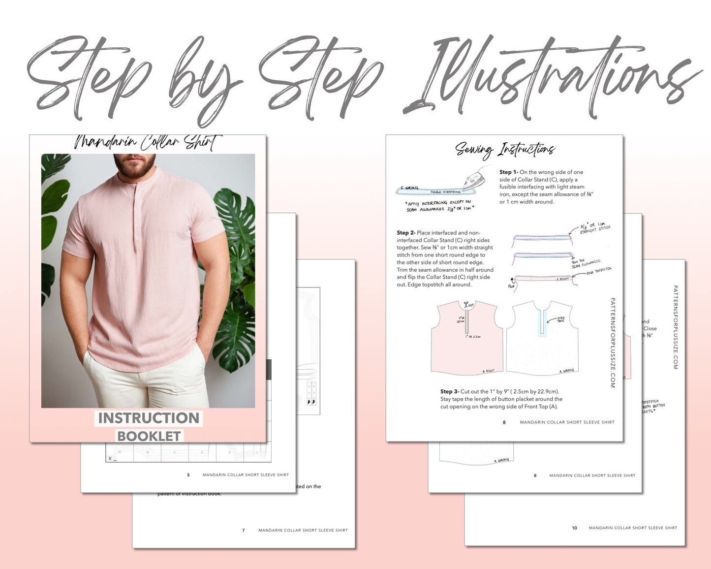 Plus Size Mandarin Collar Short Sleeve Shirt sewing pattern step by step illustrations.