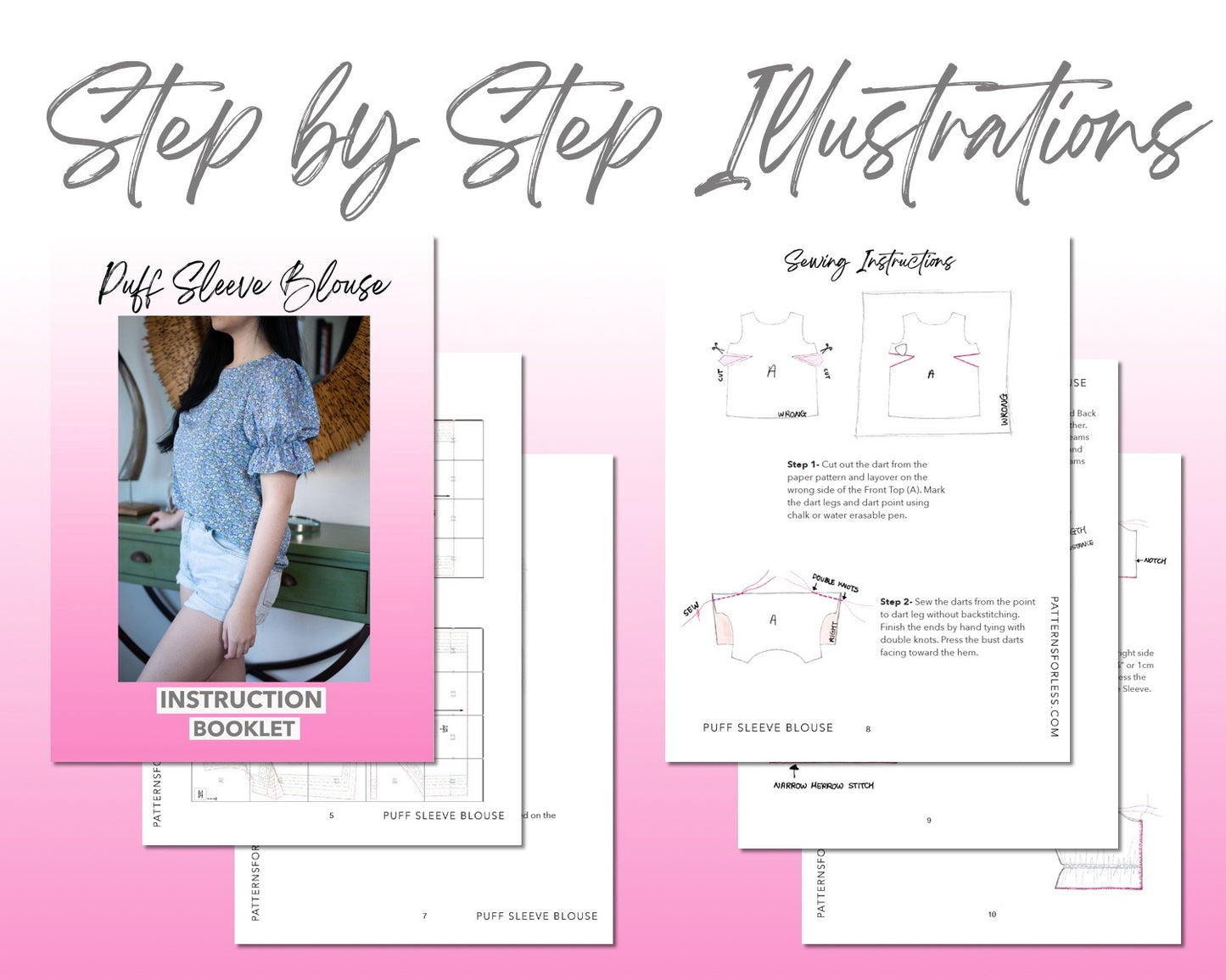 Puff Sleeve Blouse sewing pattern step by step illustrations.