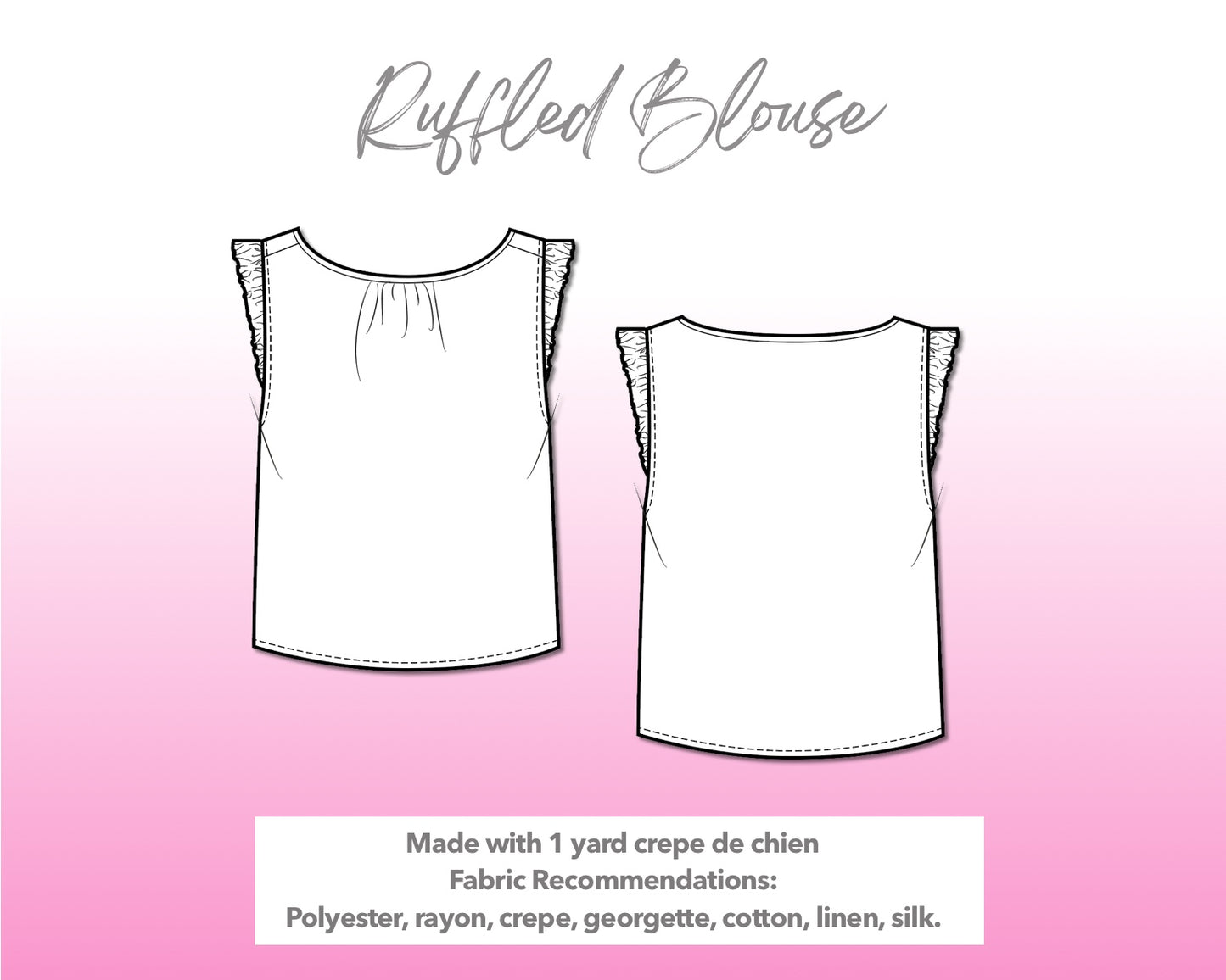 Illustration and detailed description for Ruffled Sleeveless Blouse sewing pattern.