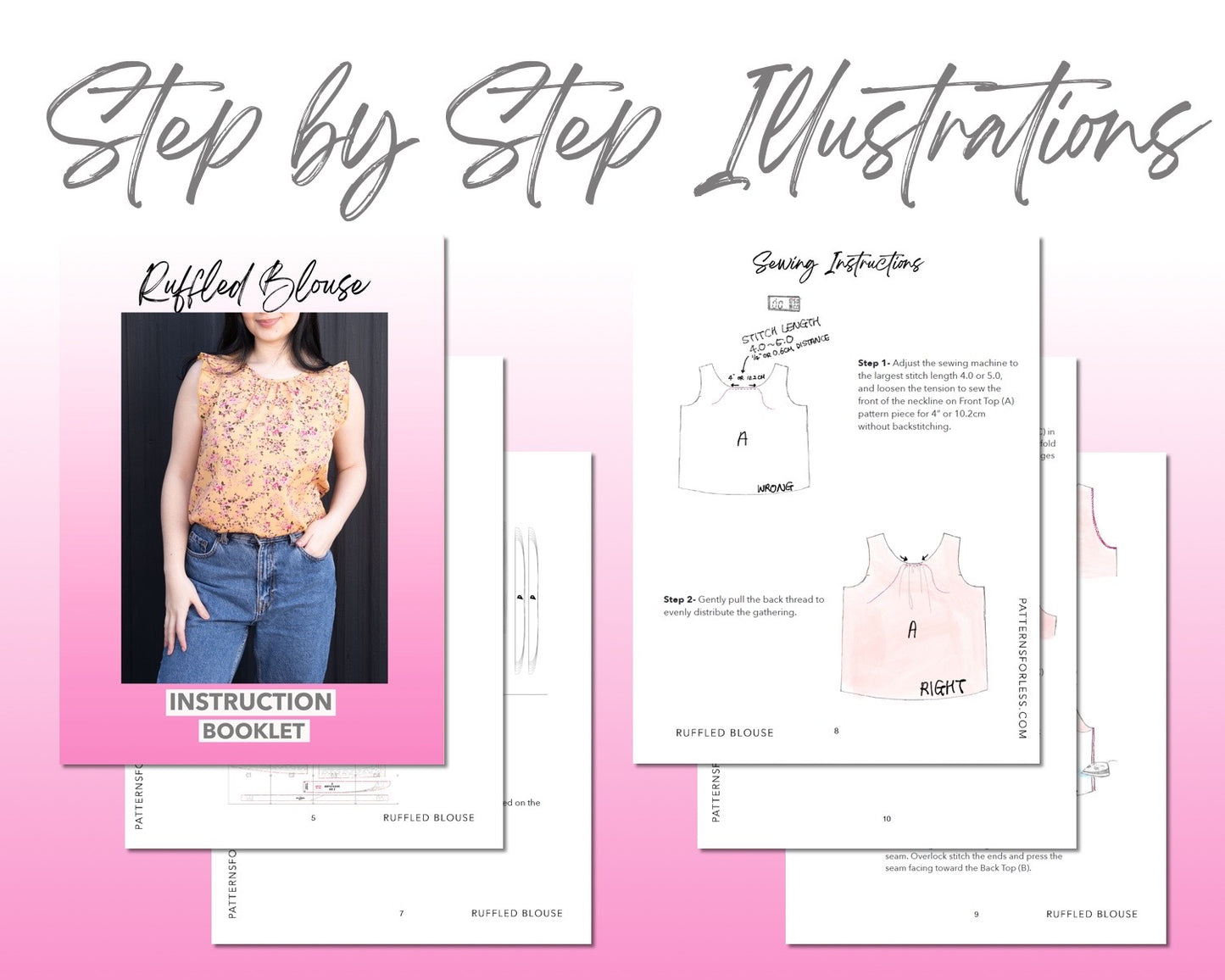 Ruffled Sleeveless Blouse sewing pattern step by step illustrations.