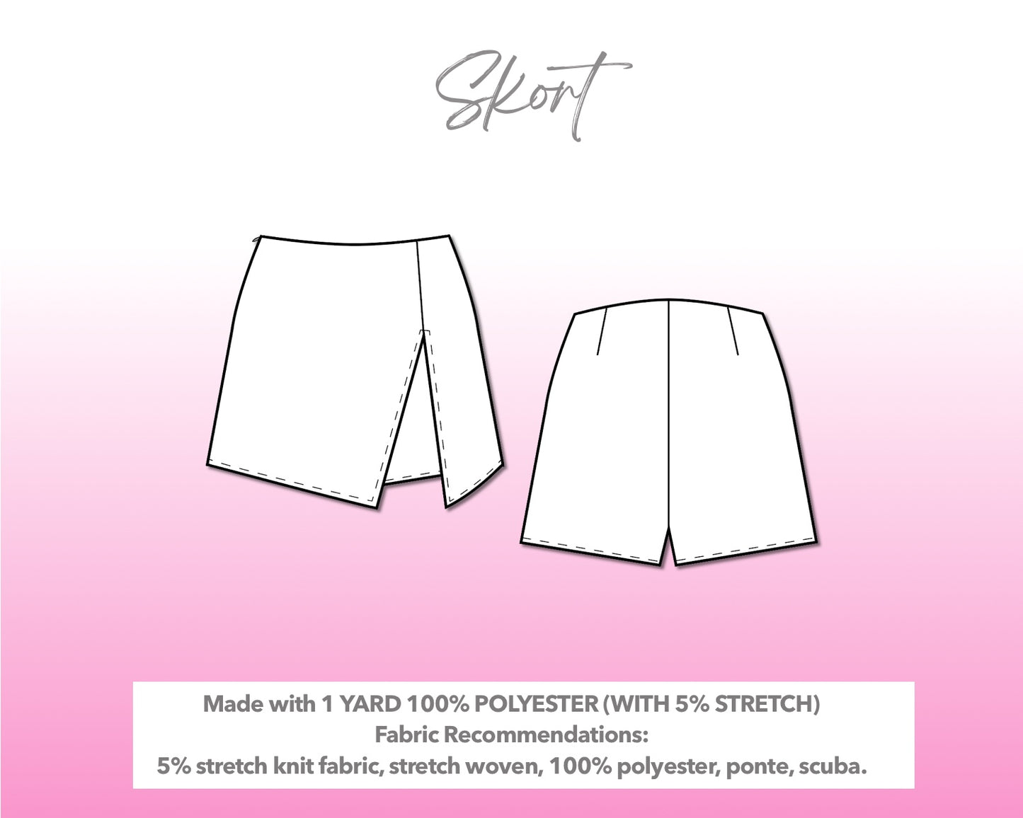 Illustration and detailed description for Split Hem Knit Skort sewing pattern.