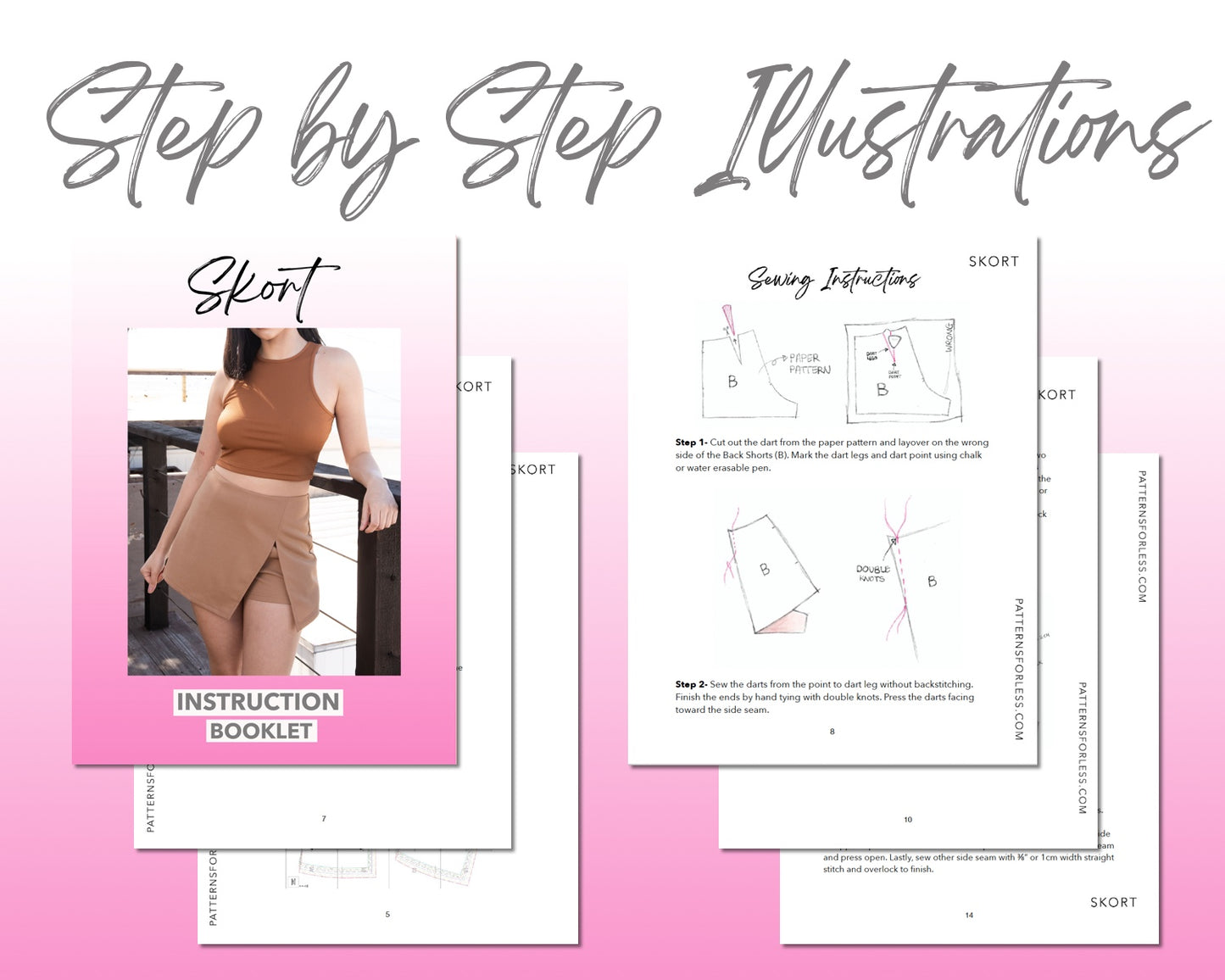 Split Hem Knit Skort sewing pattern step by step illustrations.