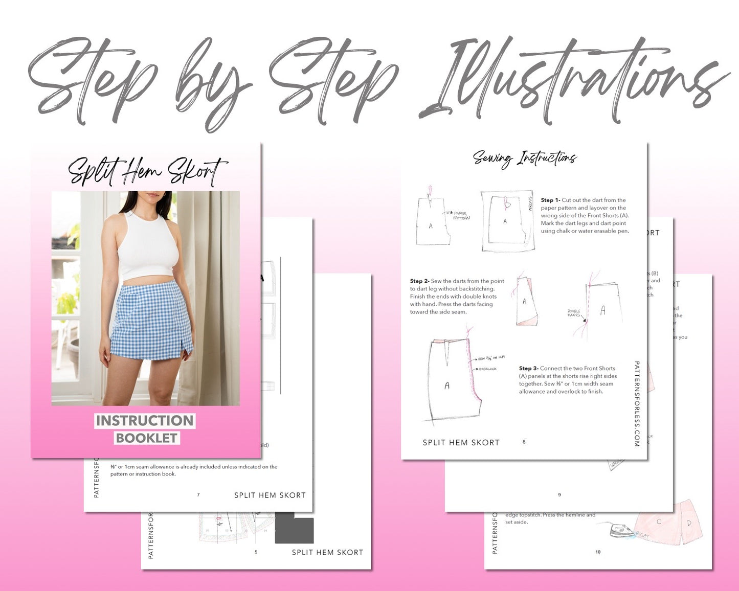 Split Hem Skort sewing pattern step by step illustrations.