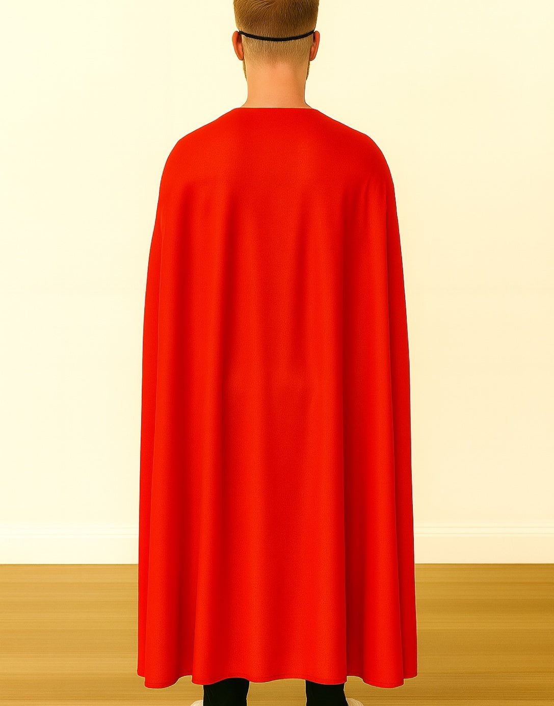 Back view of person wearing a red superhero cape on a beige background