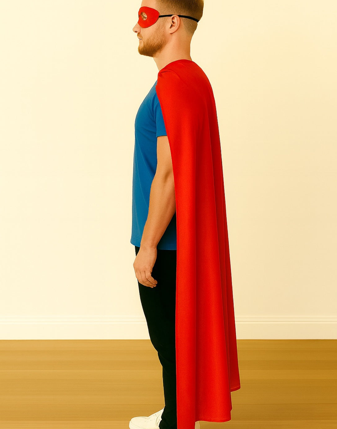 Side view of person wearing a red superhero cape and mask on a plain background