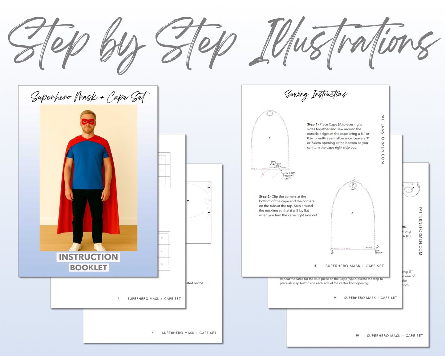 Superhero Mask and Cape Set sewing pattern instruction booklet showing step by step illustrations to make the garment.
