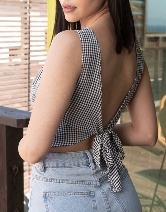 Back view of Tie Back Sleeveless Crop Top.