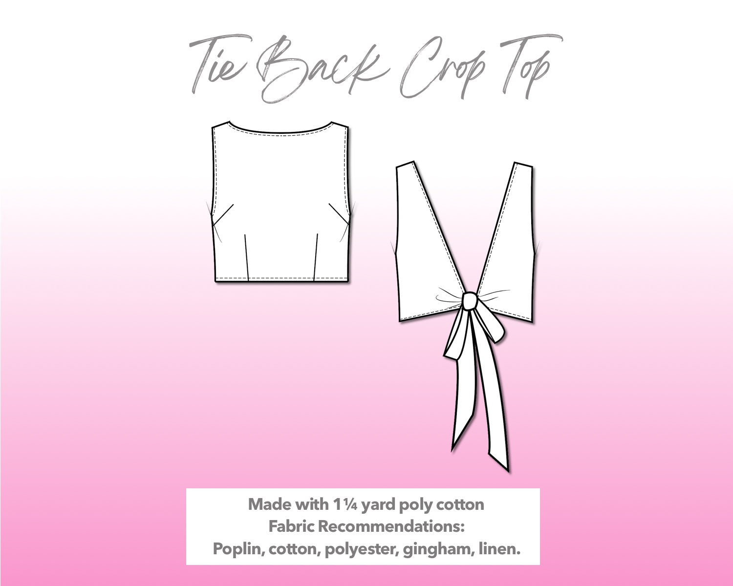 Illustration and detailed description for Tie Back Sleeveless Crop Top sewing pattern.