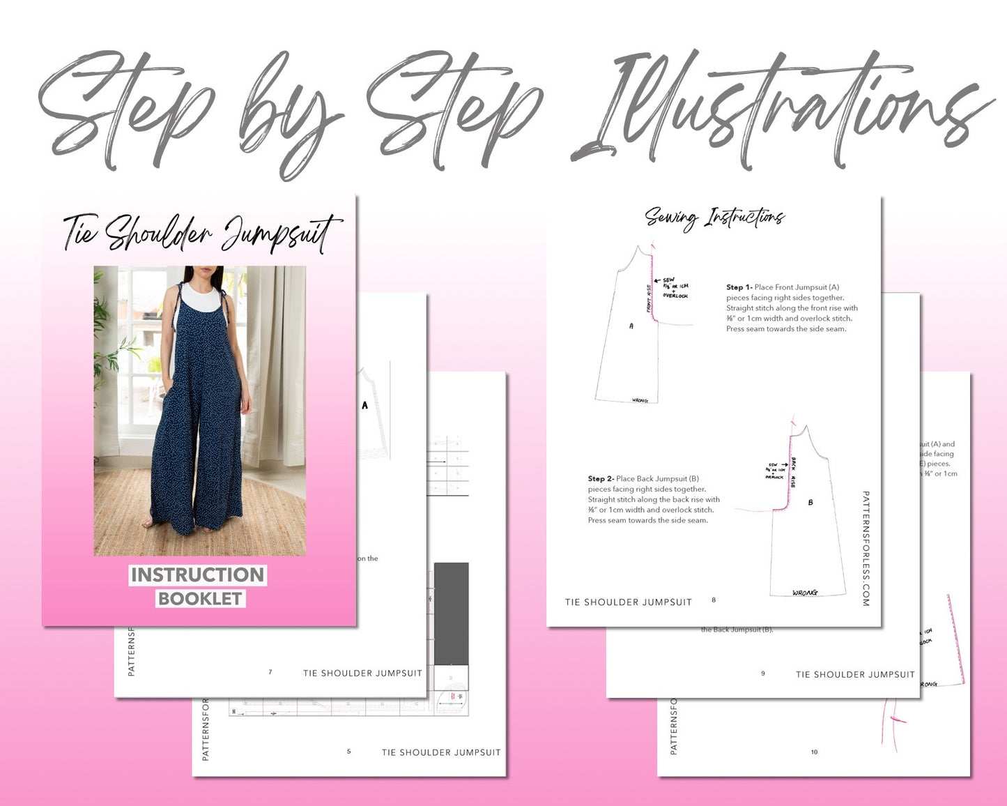Tie Shoulder Jumpsuit sewing pattern step by step illustrations.