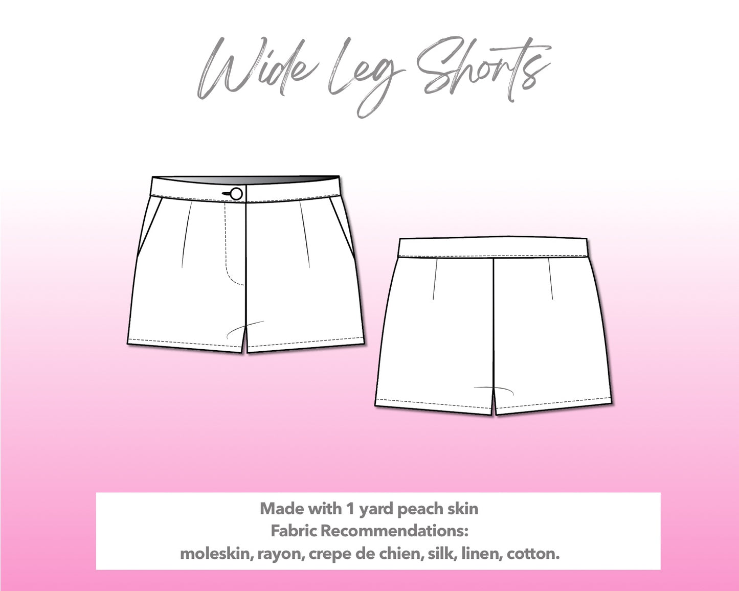 Illustration and detailed description for Wide Leg Pleats Shorts sewing pattern.