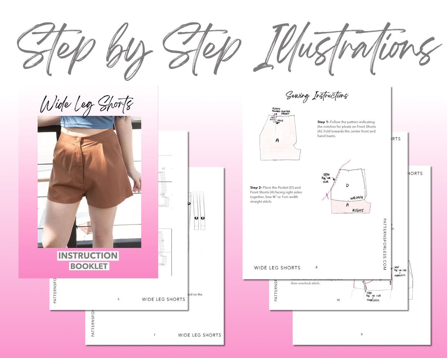 Wide Leg Pleats Shorts sewing pattern step by step illustrations.