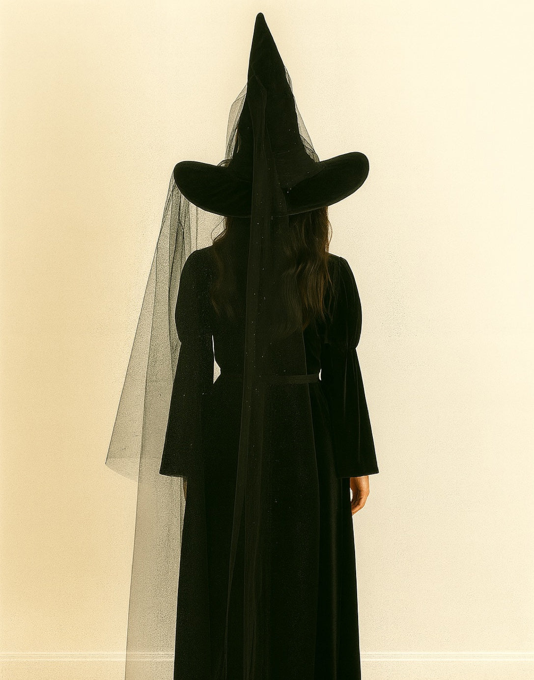 Back view of person wearing a long black dress and pointed hat with a veil against a beige background