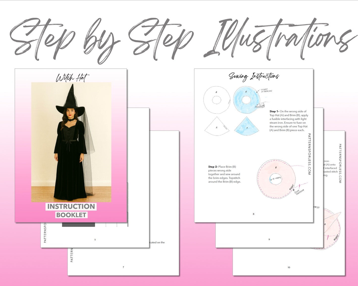Witch Hat sewing pattern instruction booklet showing step by step illustrations to make the garment.