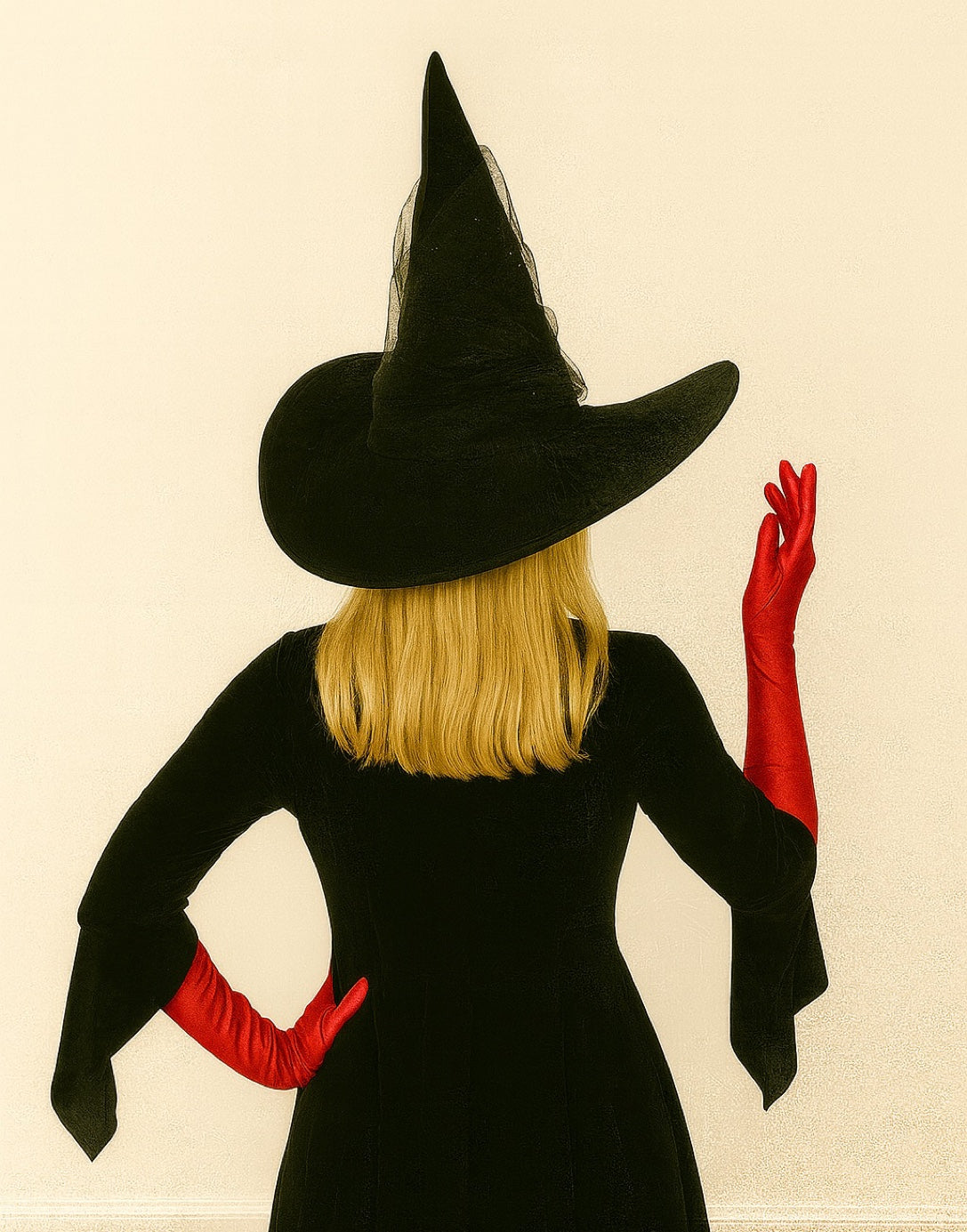 Back view of person wearing a black witch costume with a large hat, black dress, and red Witch Long Gloves on a beige background