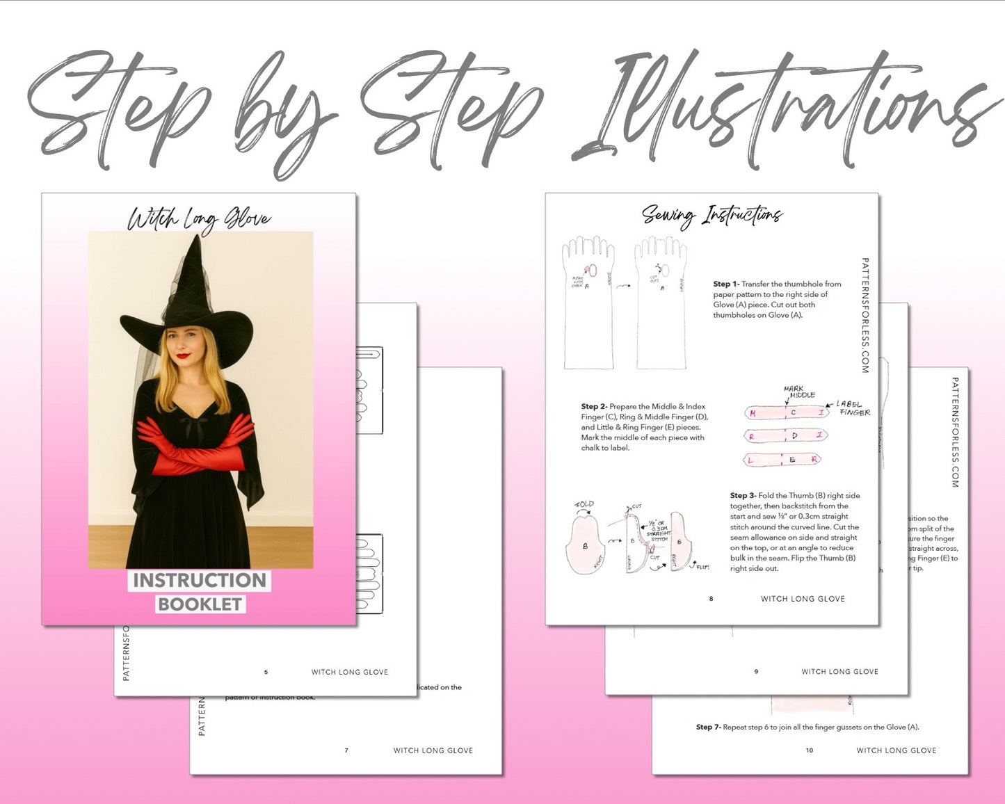 Witch Long Gloves sewing pattern instruction booklet showing step by step illustrations to make the garment.