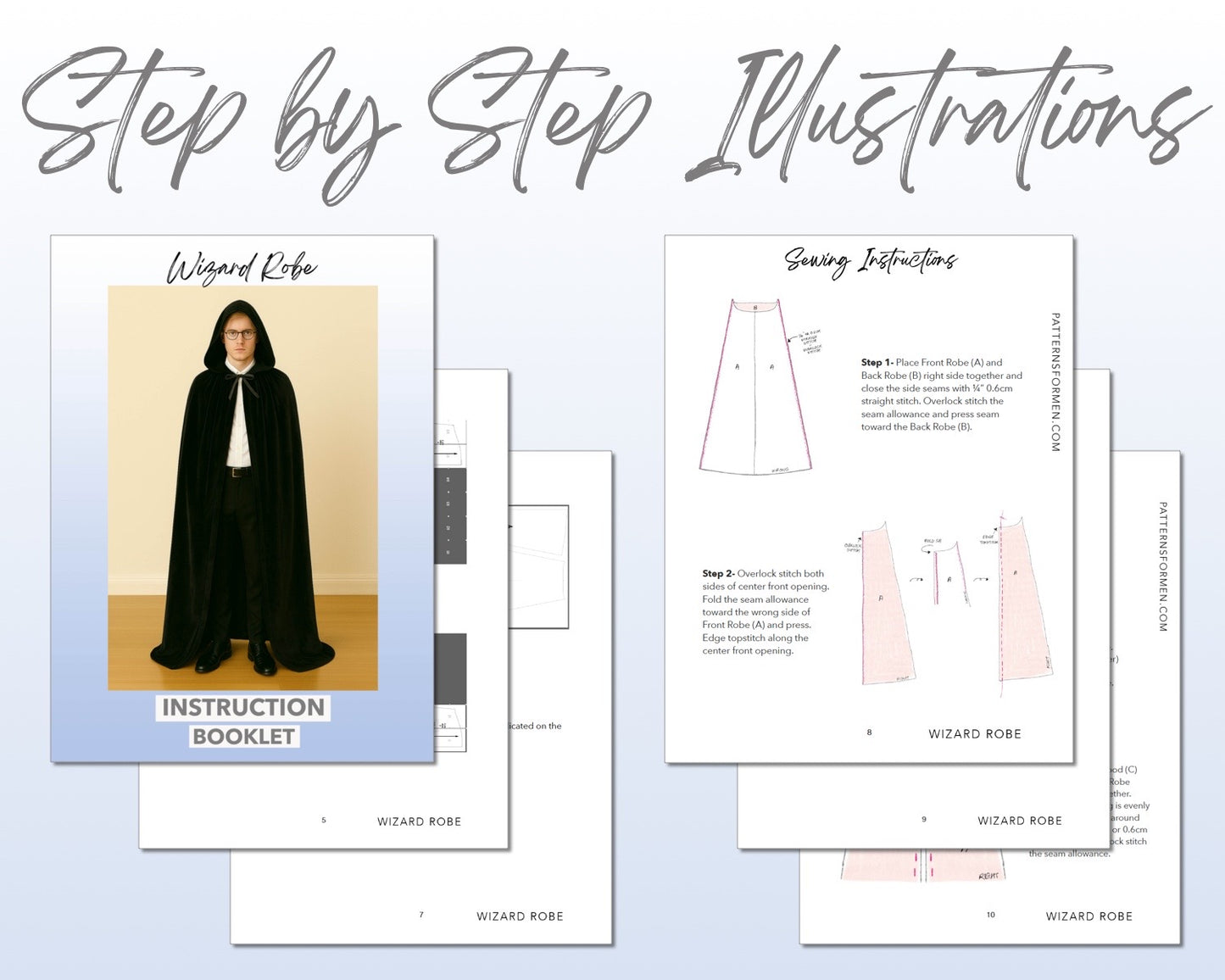 Wizard Robe sewing pattern instruction booklet showing step by step illustrations to make the garment.