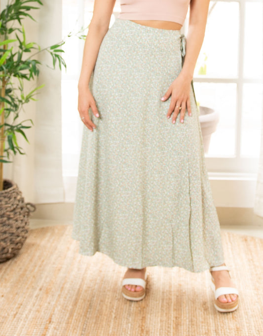 Front view of Wrap Side Tie Maxi Skirt.
