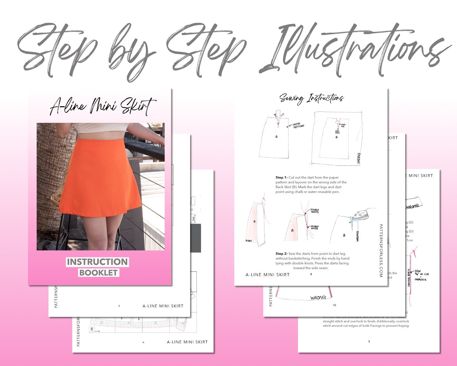 A Line Mini Skirt sewing pattern step by step illustrations.