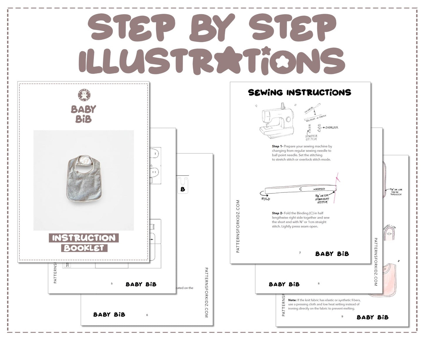 Baby Bib sewing pattern step by step illustrations.