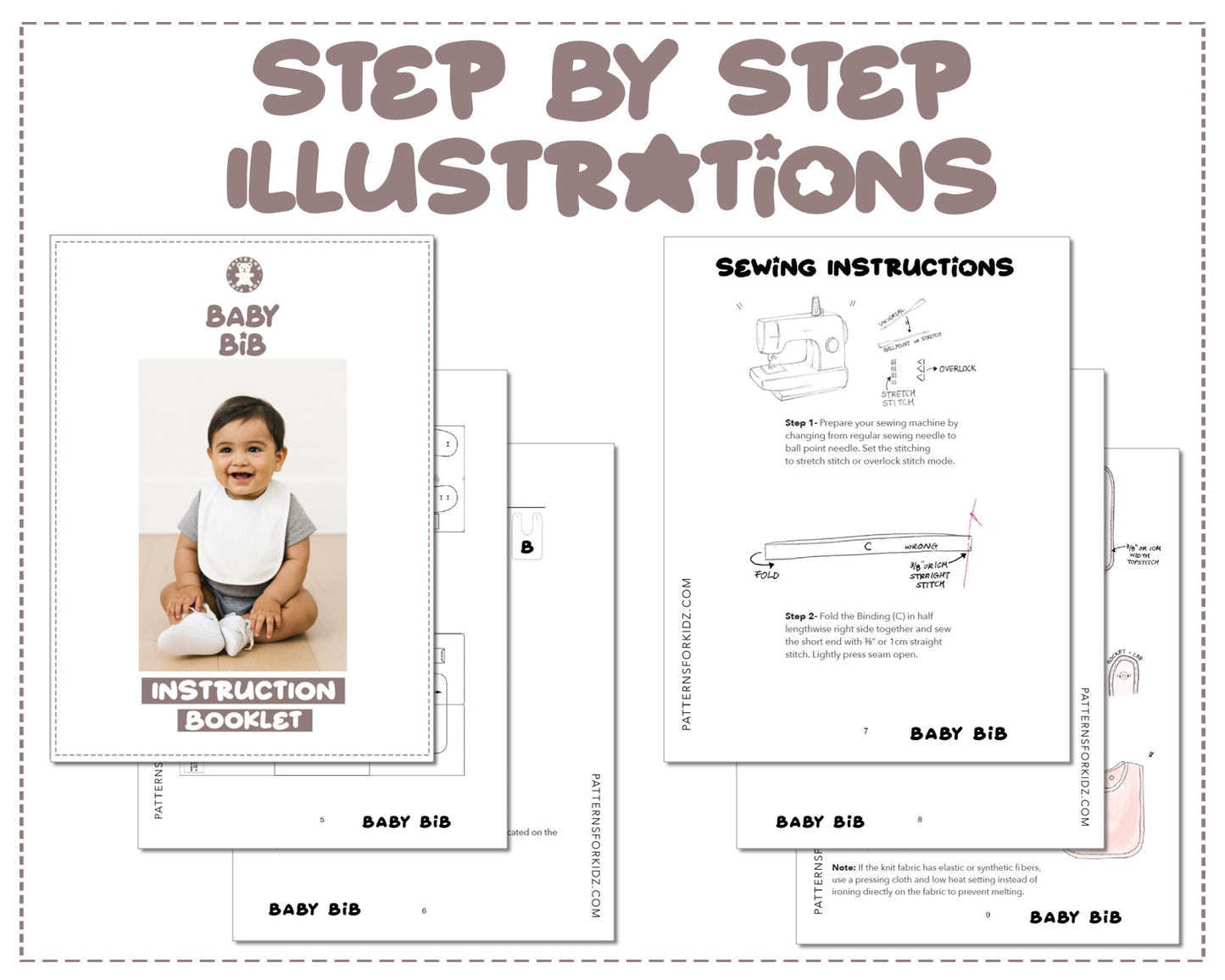 Baby Bib sewing pattern instruction booklet showing step by step illustrations to make the garment.