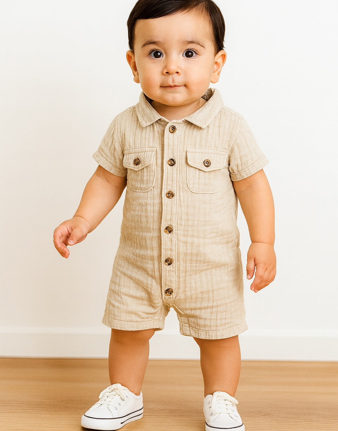 A baby boy wearing a beige flap pocket shirt romper with a collar and short sleeves.