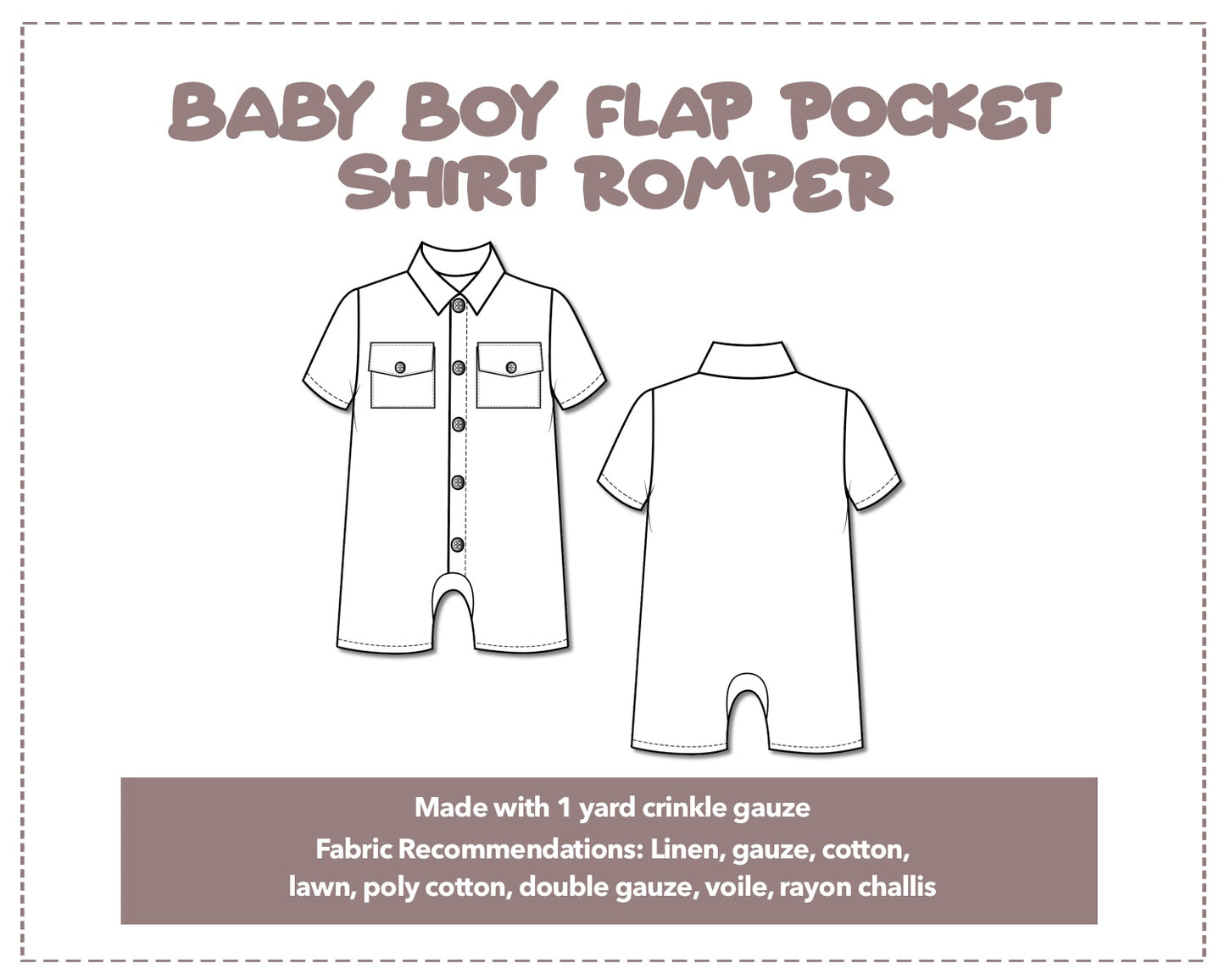 Illustration and detailed description for Baby Boy Flap Pocket Shirt Romper sewing pattern.