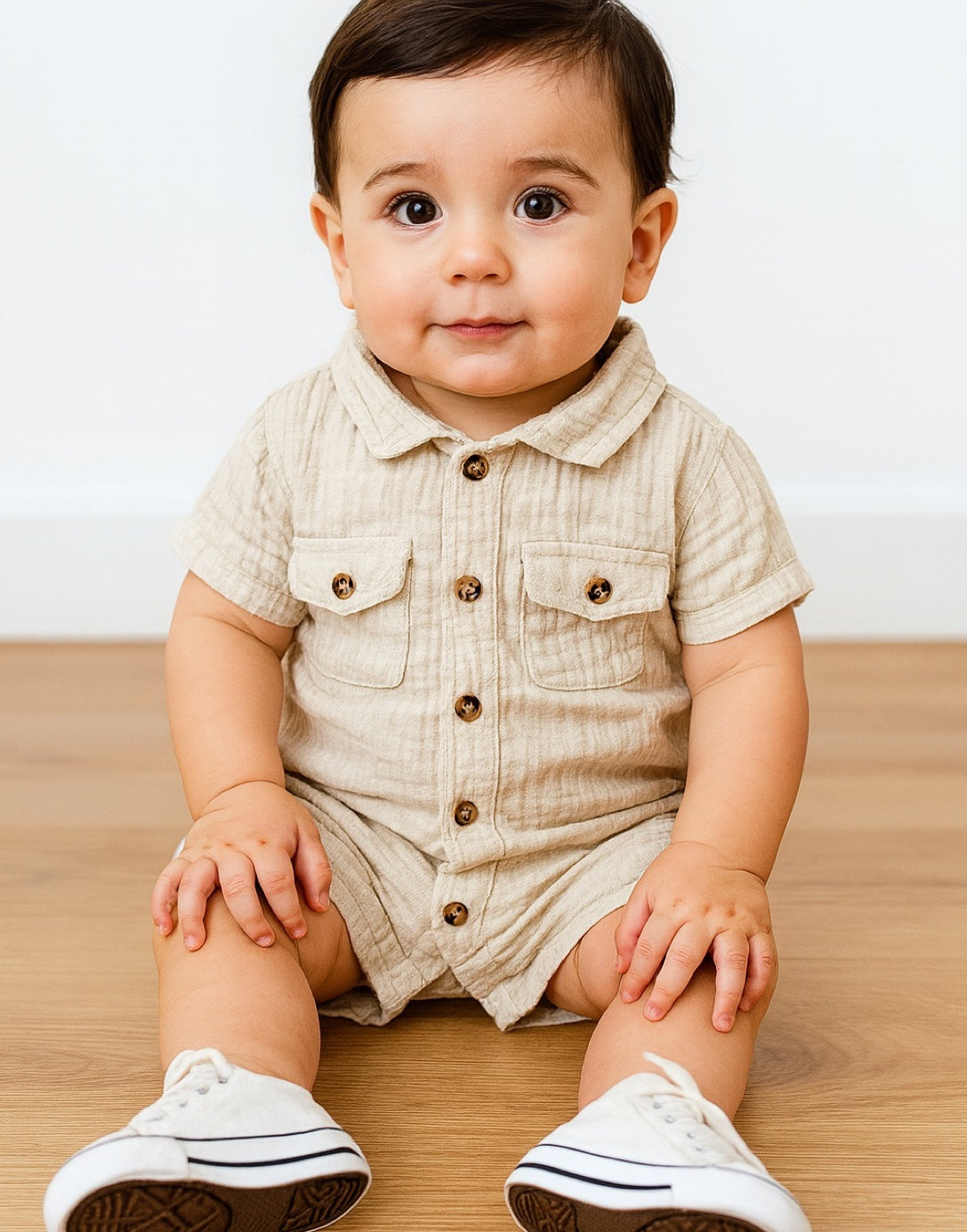 A baby boy wearing a beige flap pocket shirt romper with a collar and short sleeves.