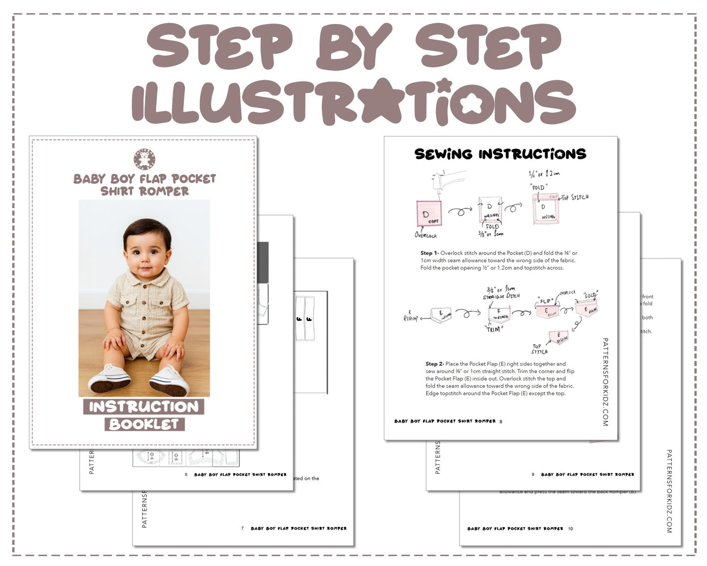 Baby Boy Flap Pocket Shirt Romper sewing pattern instruction booklet showing step by step illustrations to make the garment.