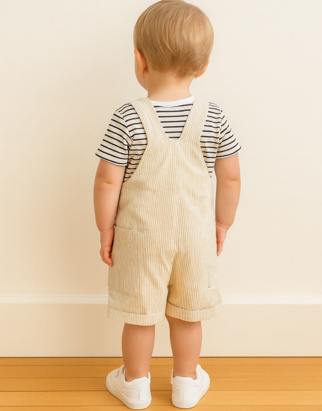Back view of child wearing a striped shirt and beige overalls standing against a plain wall.