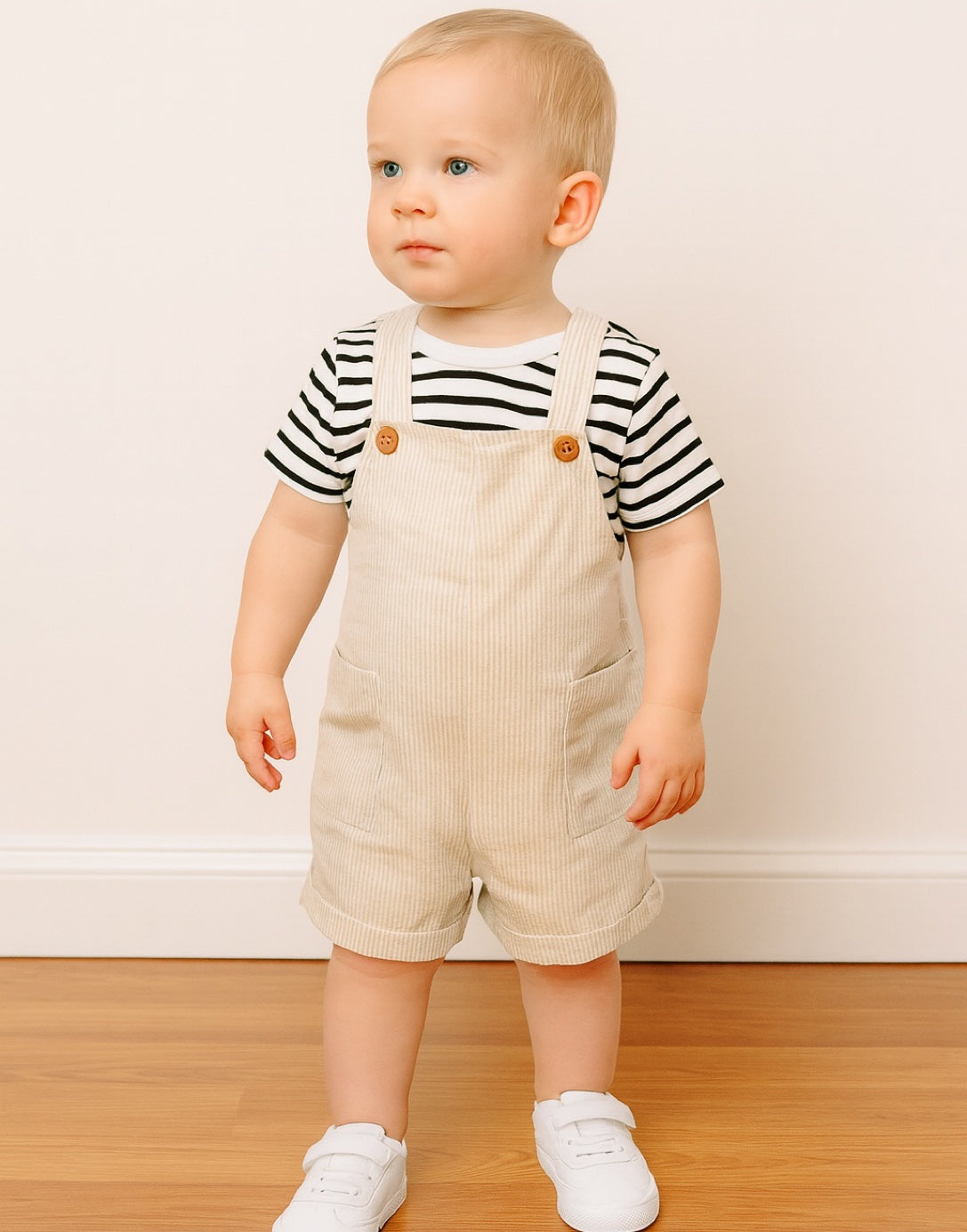 Child wearing a striped shirt and beige Patch Pocket Overall Romper standing on a wooden floor.