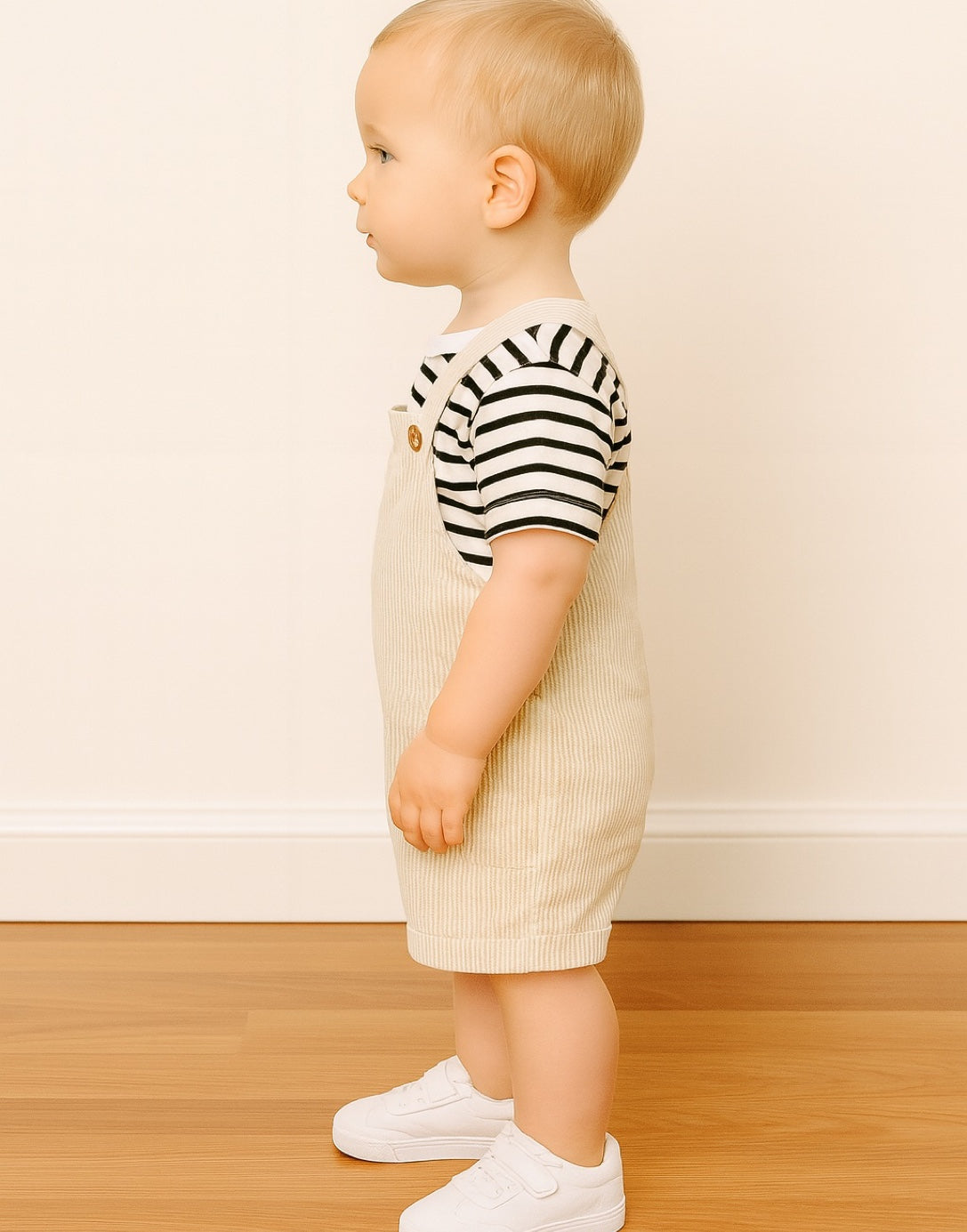 Side view of child wearing a striped shirt and beige Patch Pocket Overall Romper standing on a wooden floor.