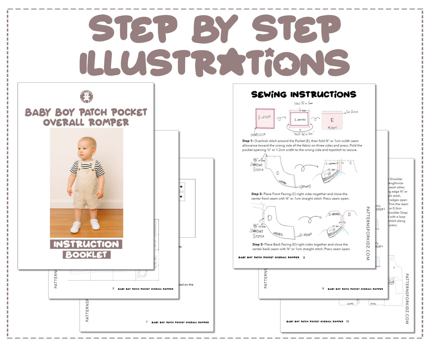 Baby Boy Patch Pocket Overall Romper sewing pattern instruction booklet showing step by step illustrations to make the garment.