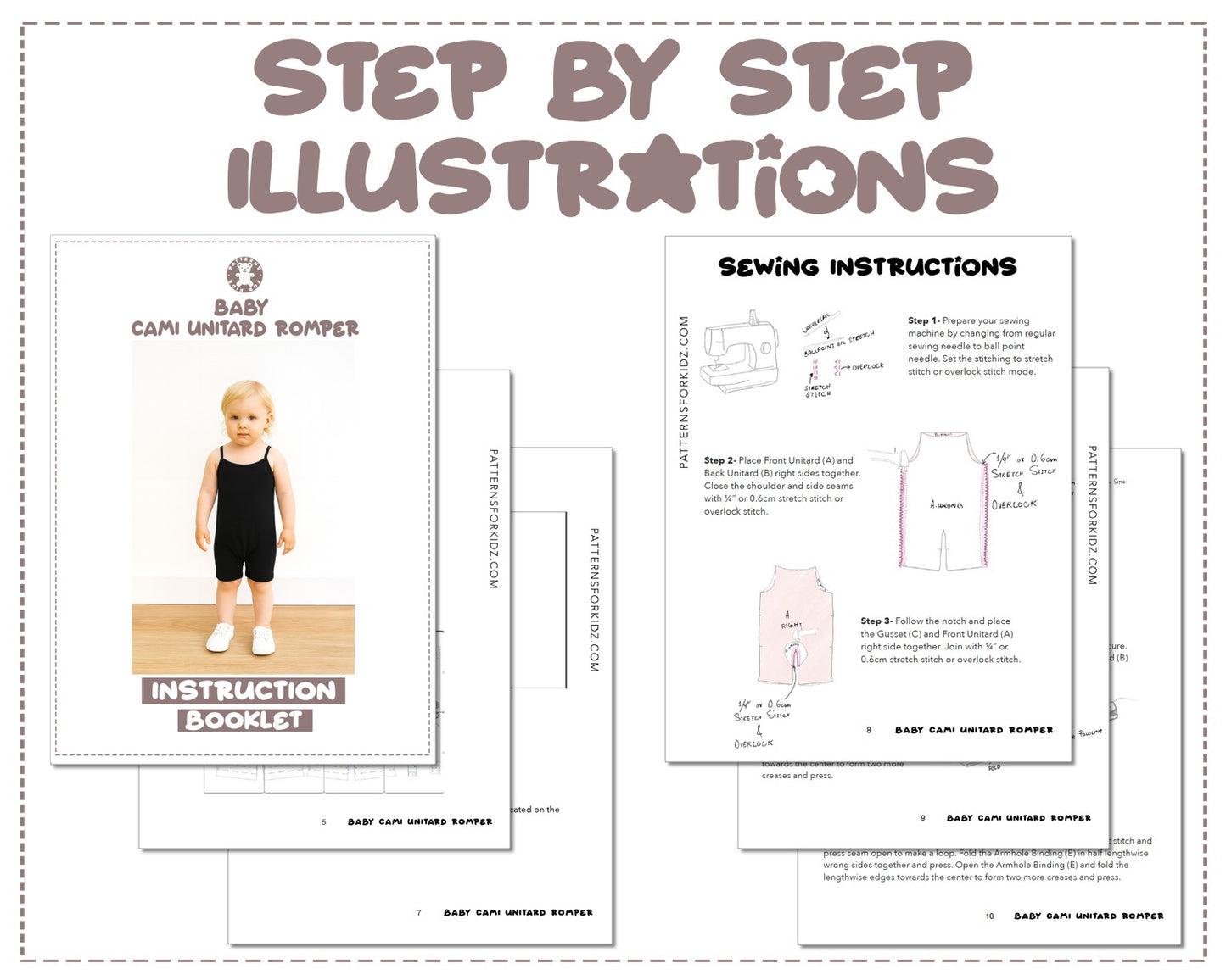 Baby Cami Unitard Romper sewing pattern instruction booklet showing step by step illustrations to make the garment.