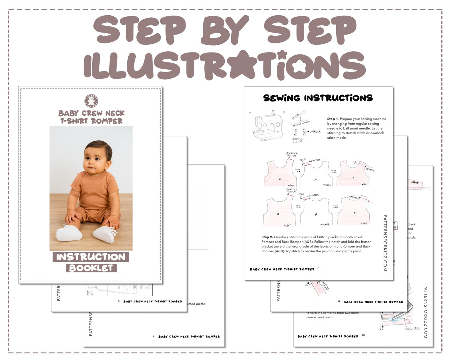 Baby Crew Neck T-Shirt Romper sewing pattern instruction booklet showing step by step illustrations to make the garment.