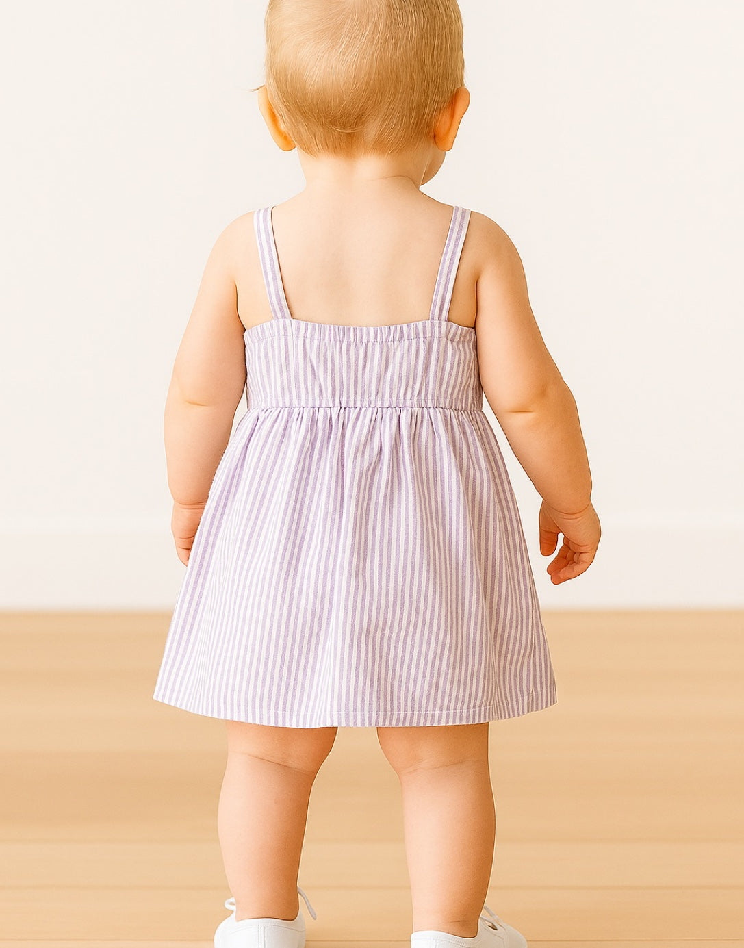 Back view of baby wearing a striped Bow Front Cami Dress on a plain background