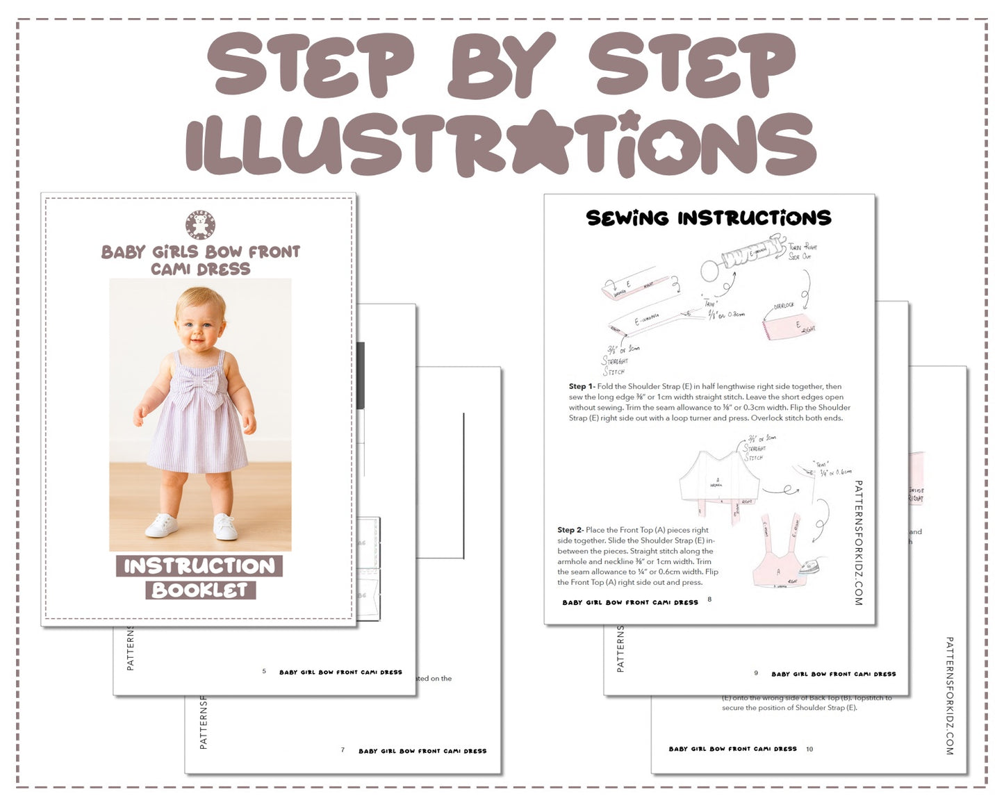 Baby Girl Bow Front Cami Dress sewing pattern instruction booklet showing step by step illustrations to make the garment.